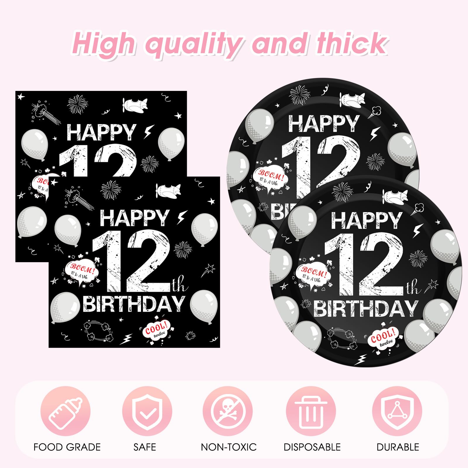 41Pcs 12th Birthday Decorations for Boys Girls,Black Bruh Im Happy 12 Birthday Tableware Set Include Black Plates and Napkins Party Supplies with 12