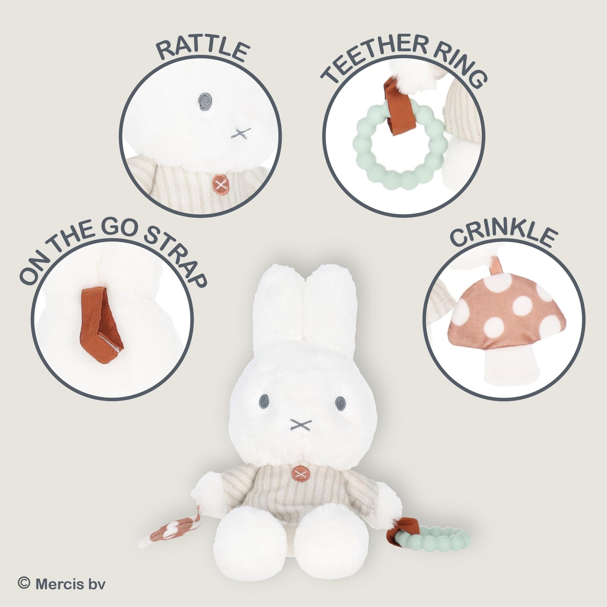 Kids Preferred Miffy Baby Ragdoll Activity Toy - Super Soft Fabric, Teether Ring, Crinkle & Rattle, On-The-Go Clip, Ages 0 Months and up, 10 inches