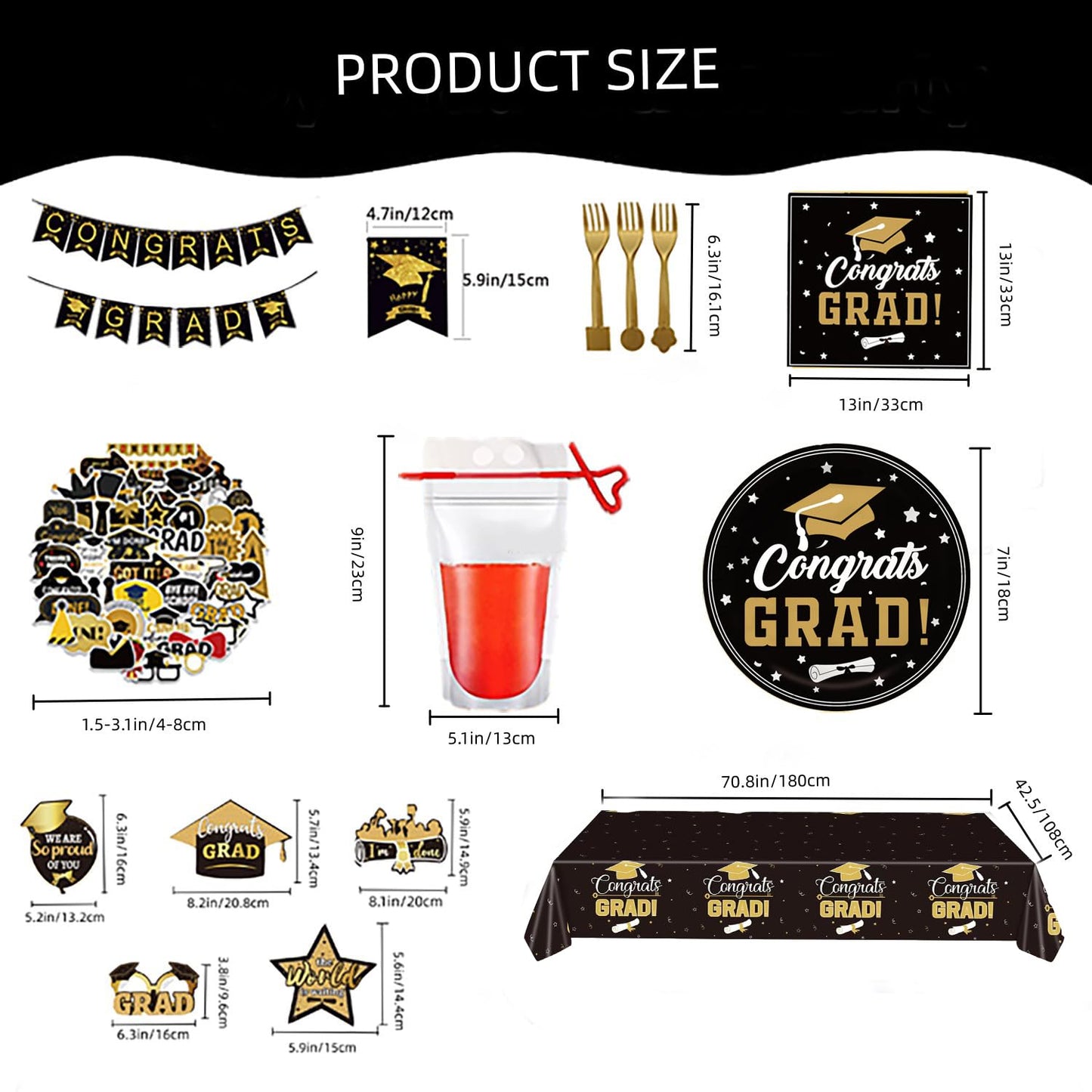 Graduation Party Decorations 126Pcs Black Gold Congrats Grad Dinnerware Party Supplies Includes Tableware Balloons Tablecloth Banner DIY Drink Pouches
