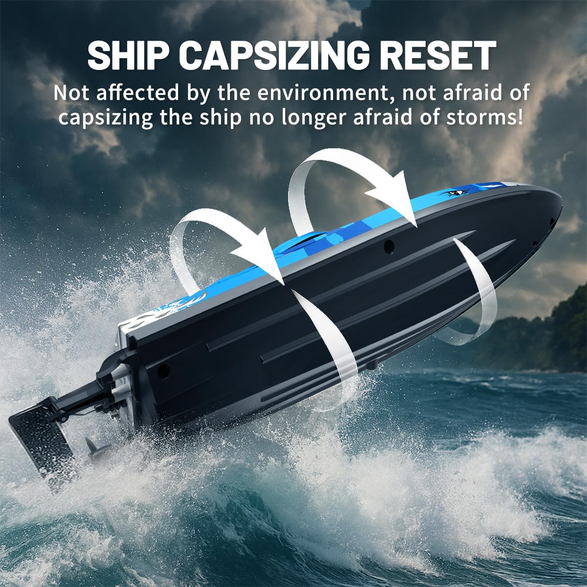 RC Boat 25KM/H High Speed Waterproof Remote Control Boat,Water Cooling, 2.4GHz Remote, 2 Batteries, LED Lights, One-Key Flip, Low Battery