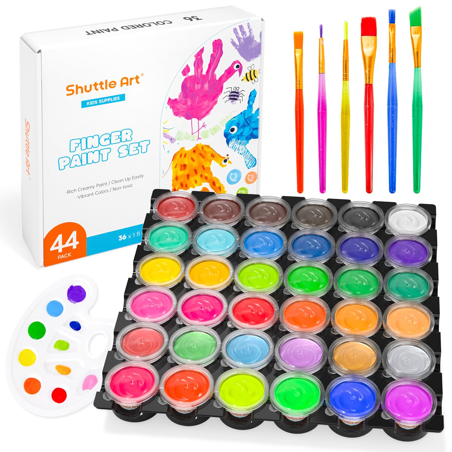Shuttle Art Washable Finger Paint, 44 PCS with 36 Colors (1 fl oz) Toddler Paint, Paint Brushes, Palette, Non-Toxic Finger Painting for Toddlers