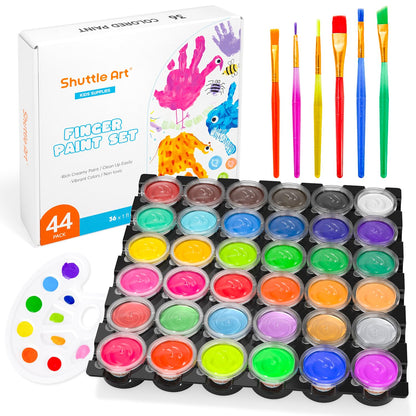 Shuttle Art Washable Finger Paint, 44 PCS with 36 Colors (1 fl oz) Toddler Paint, Paint Brushes, Palette, Non-Toxic Finger Painting for Toddlers