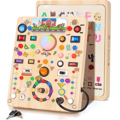 Busy Board with 19 LED Light Switches, Montessori Toys for 1 2 3 Years Old, Wooden Sensory Board, Toddlers Activity Travel Toys for 1 2 3 Year Old Boy