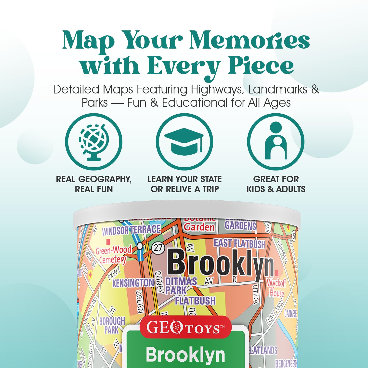 Geotoys Brooklyn Mini Puzzle - 100 Piece Puzzles for Kids and Adults in Portable Can, 13" x 10" Educational Travel Puzzle for Ages 7 and Up - Mini