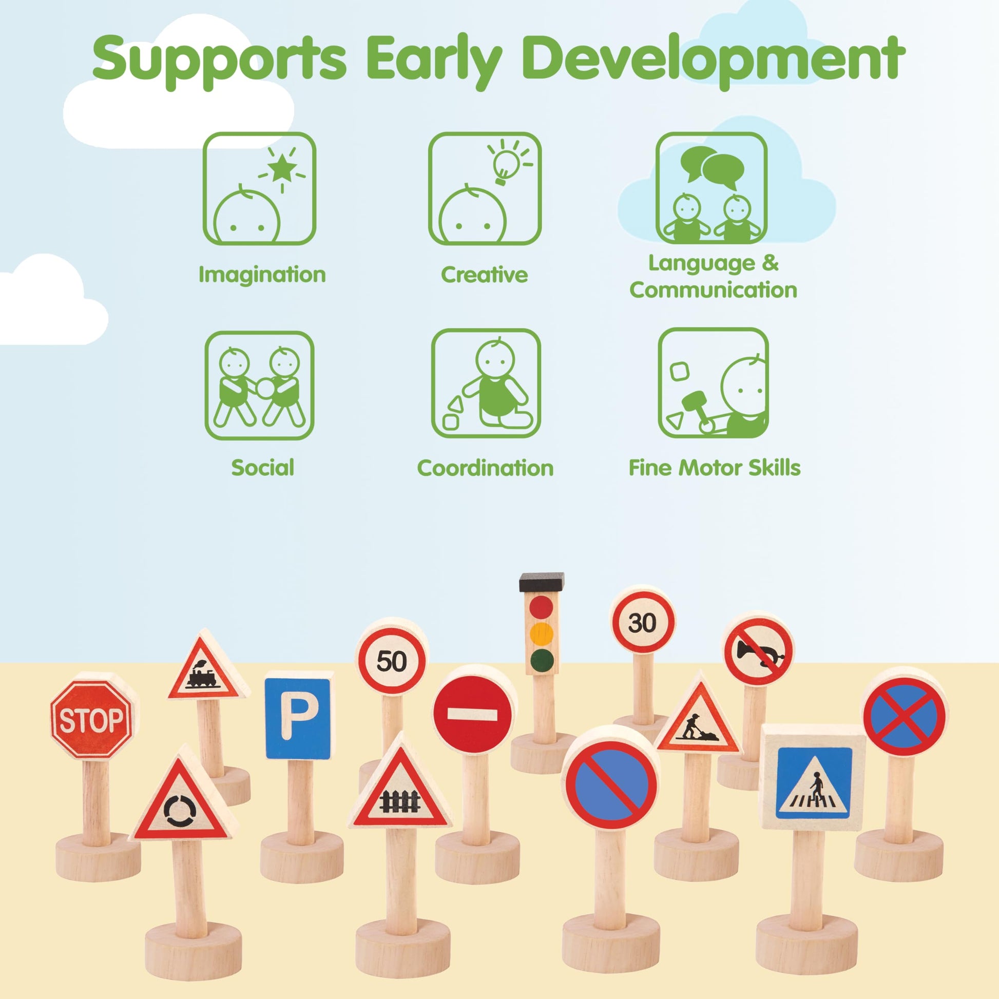 PlanToys® Traffic Signs & Lights Wooden Montessori Imaginative Play Set | Early Language, Social Skills and Real-World Awareness Activity | Eco