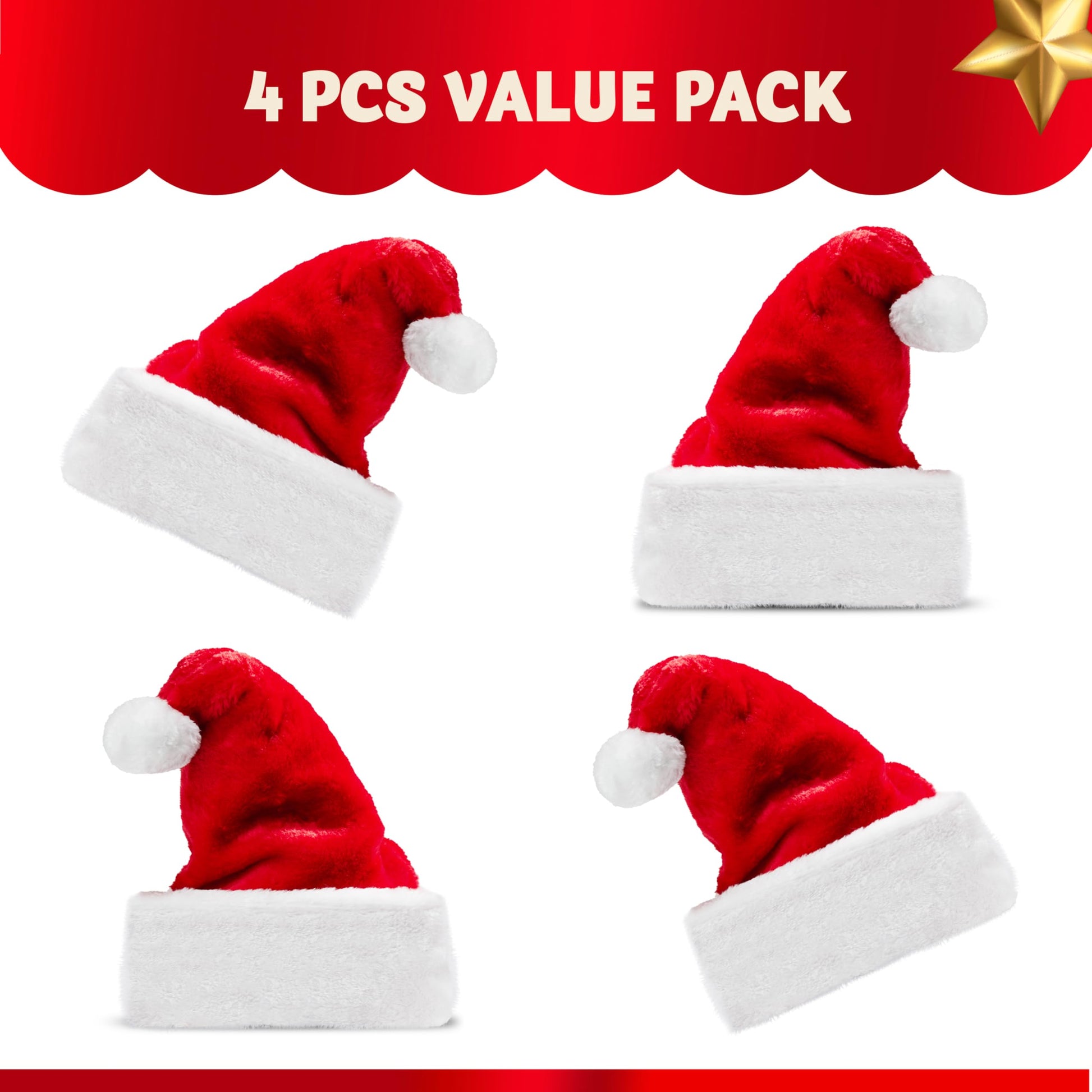 JOYIN 4 PCS Christmas Santa Hats Plush Red Velvet Christmas Hats for Holiday Party Presents Supplies XMAS for Adults and Kids