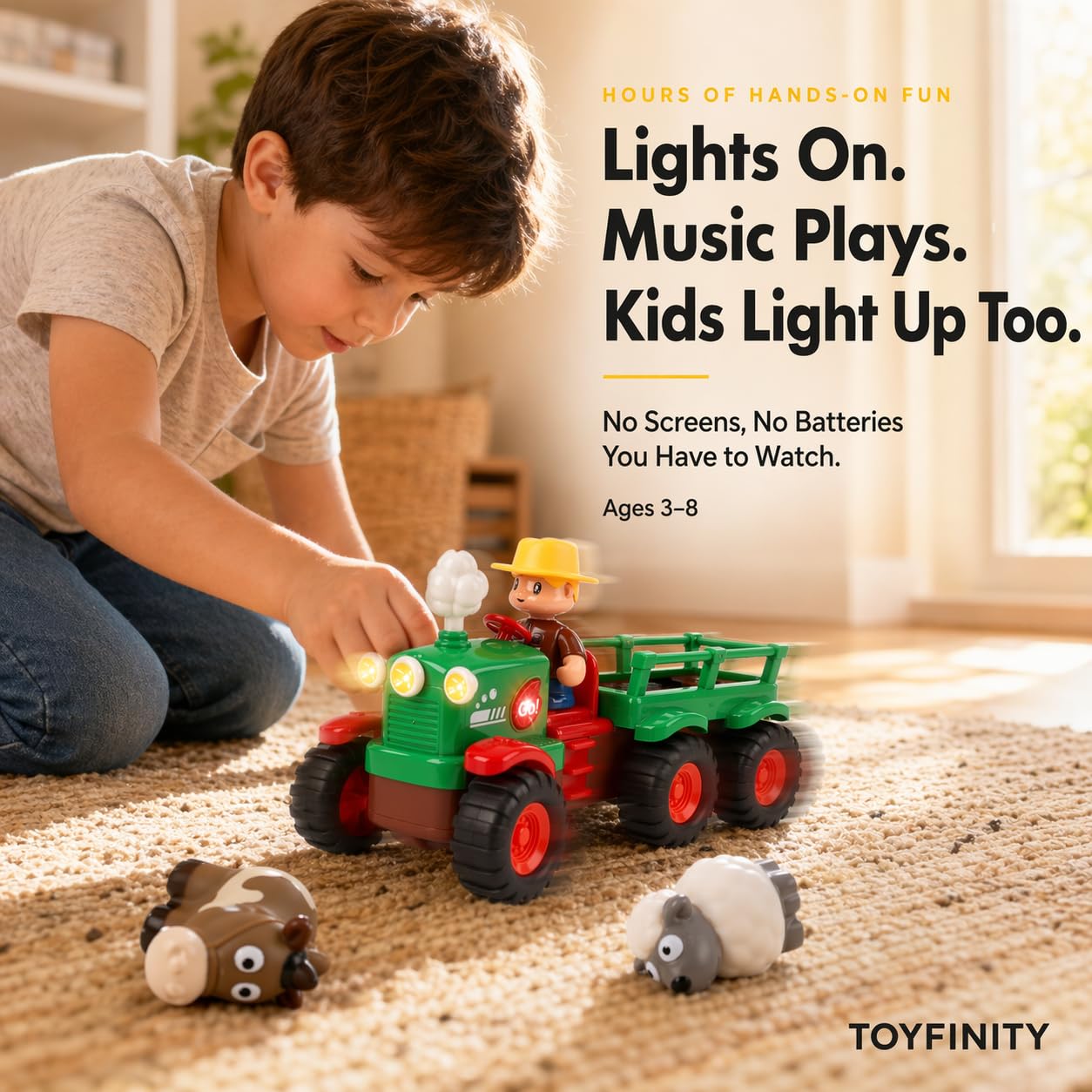 Self-Driving Farmer Tractor Truck Toy for Boys with Lights and Music, with Farmer Figure & Farm Animals (Moving Chimney and Shaking Animals)