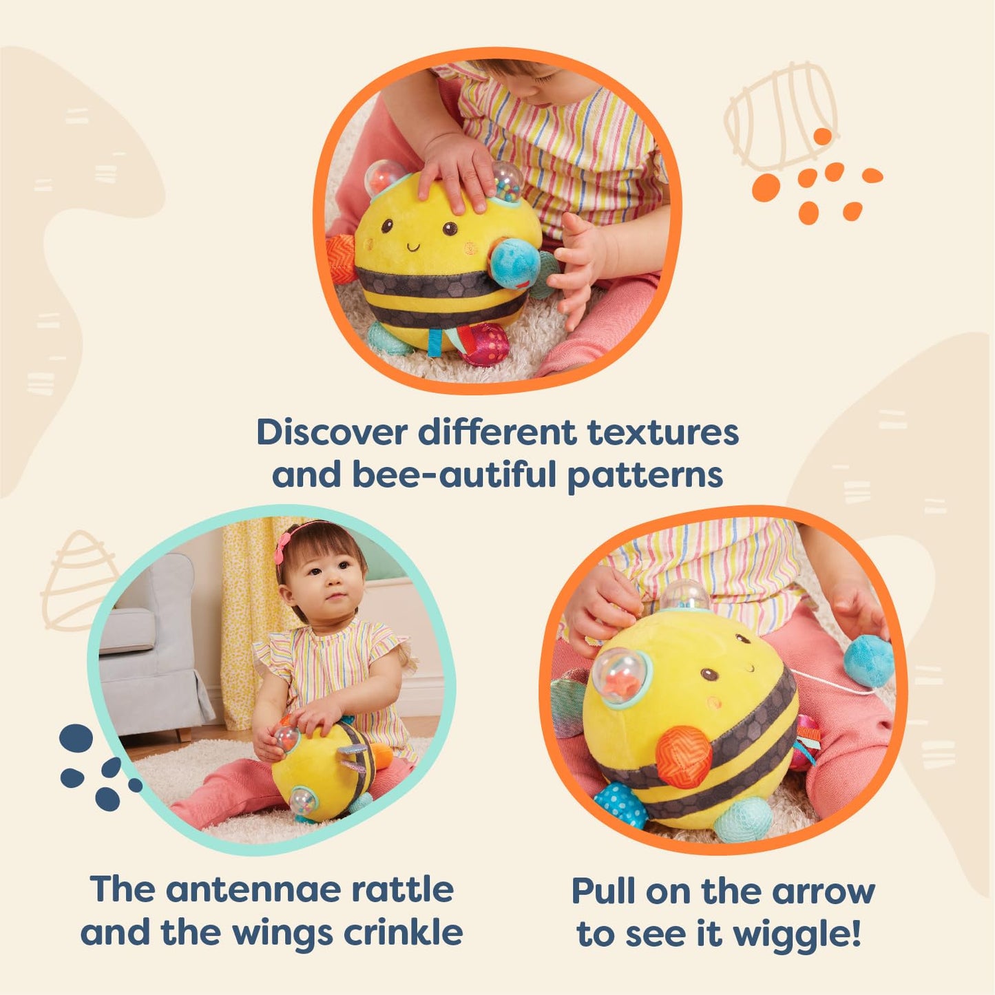 B. toys Fuzzy Buzzy Bee Sensory Plush Baby Toy, Interactive Bee, Softtoys