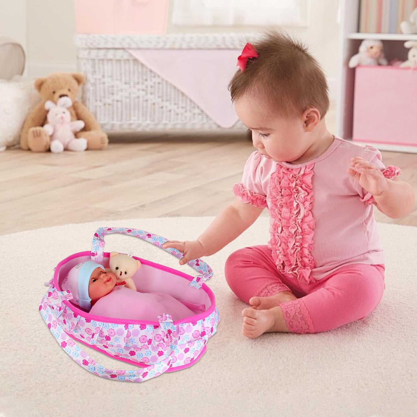 Young Buds Baby Doll Cradle Bassinet Portable Doll Carrier Carry Bag,Doll Accessories Playset,with Soft Pillow Quilt Blanket Bear,for 8-9-10-11-12