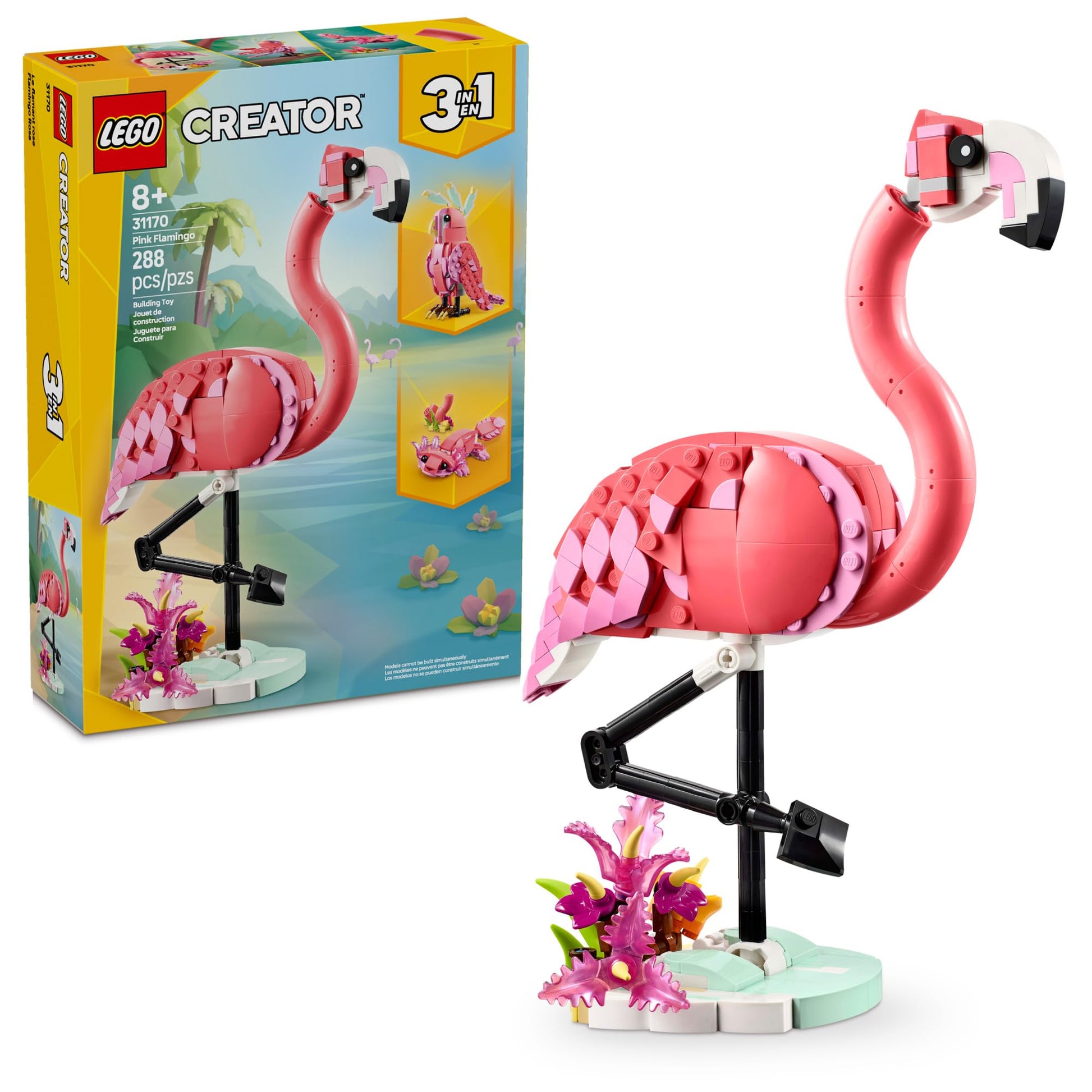 LEGO Creator 3 in 1 Wild Animals: Pink Flamingo Animal Building Toy - Playset with 3 Build Options, Pink Flamingo, Cockatoo, or Axolotl - Learning Toy