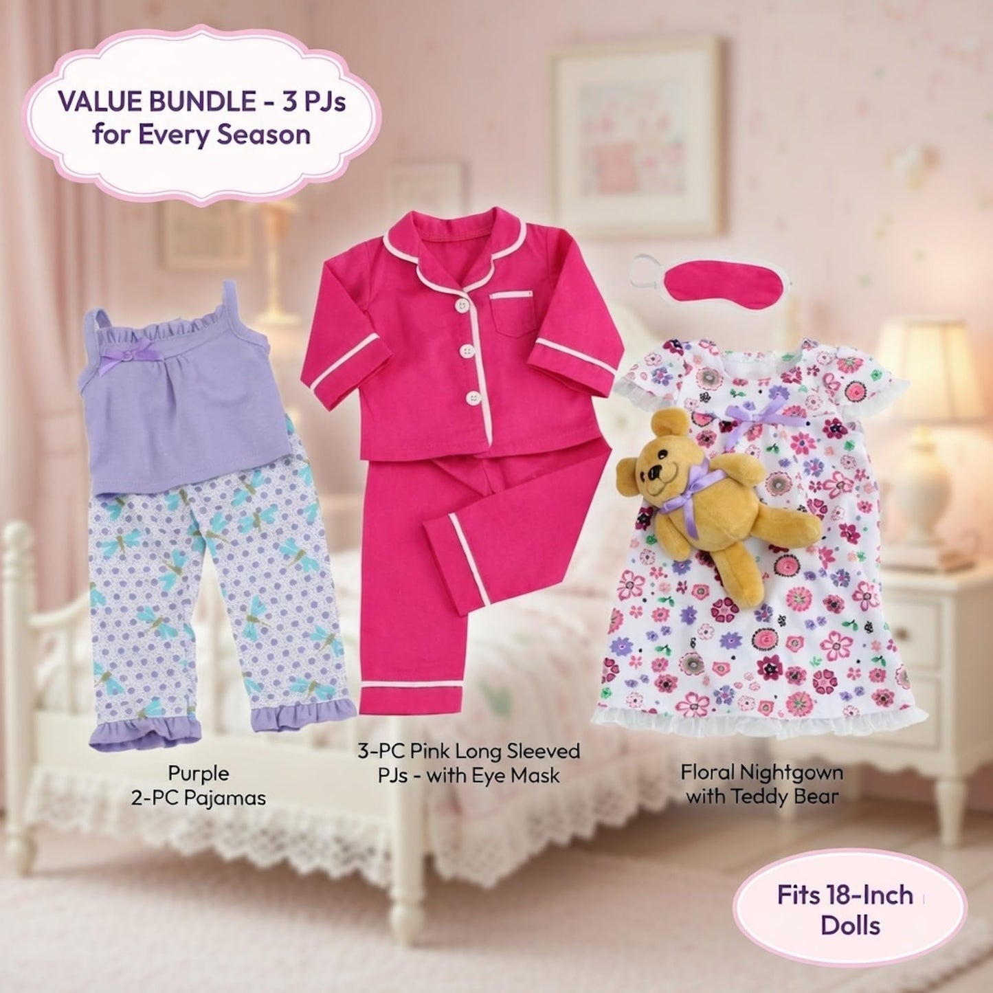 Emily Rose 18 Inch Doll Pajamas Bundle - 7 Piece Cozy PJs Set with Teddy Bear & Eye Mask