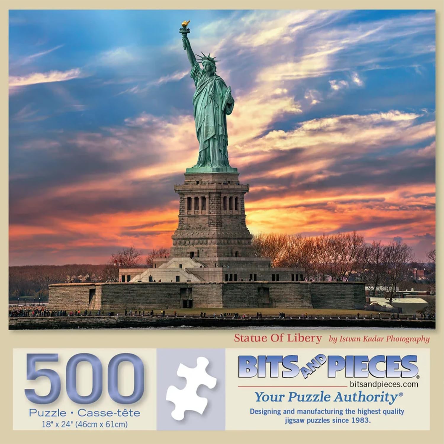 Bits and Pieces 500 Piece Puzzles for Adults - Large 18" x 24" Jigsaw Puzzles 500 Pieces Sunset on Liberty Island, Random Die Cut, No 2 Pieces Alike