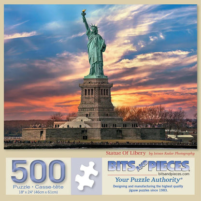 Bits and Pieces 500 Piece Puzzles for Adults - Large 18" x 24" Jigsaw Puzzles 500 Pieces Sunset on Liberty Island, Random Die Cut, No 2 Pieces Alike