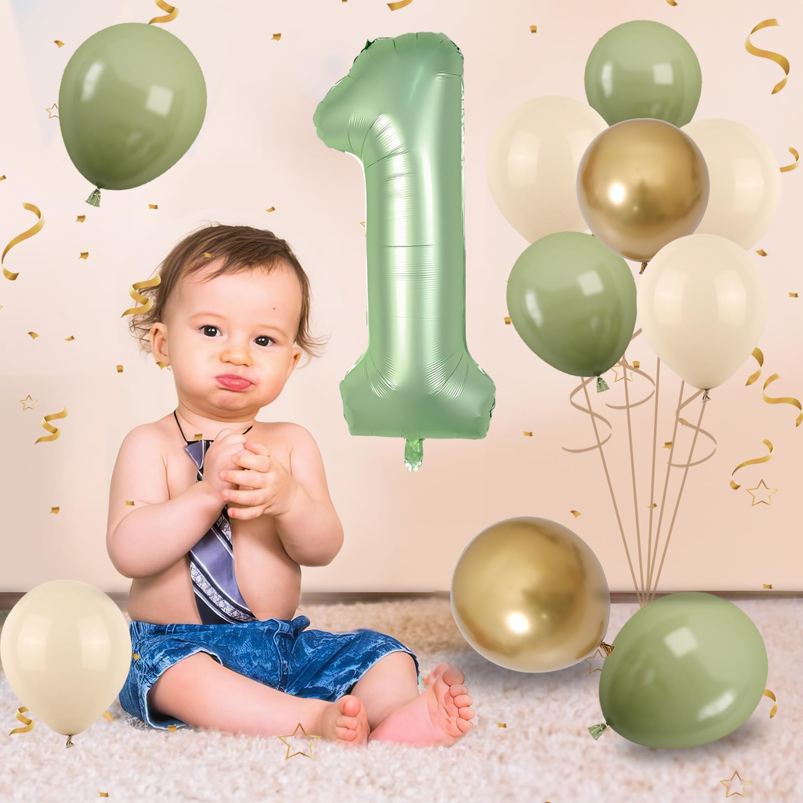 40 Inch Sage Green Number 1 Balloon, Olive Green 1st Birthday Balloons, Retro Sand White Avocado Green Gold Latex Balloons 1 Foil Balloon for Boy Girl