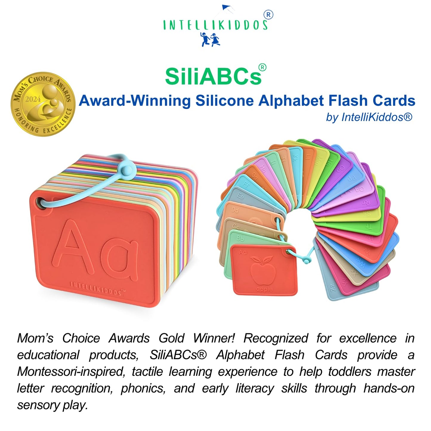 INTELLIKIDDOS SiliABCs Alphabet Flash Cards, Non-Toxic Silicone Alphabet Flash Cards for Toddlers 1-3, Montessori Toddler Preschool Alphabet Learning
