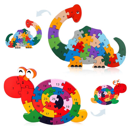 LovesTown Wooden Puzzles, Snail & Dinosaur, Double-Sideld