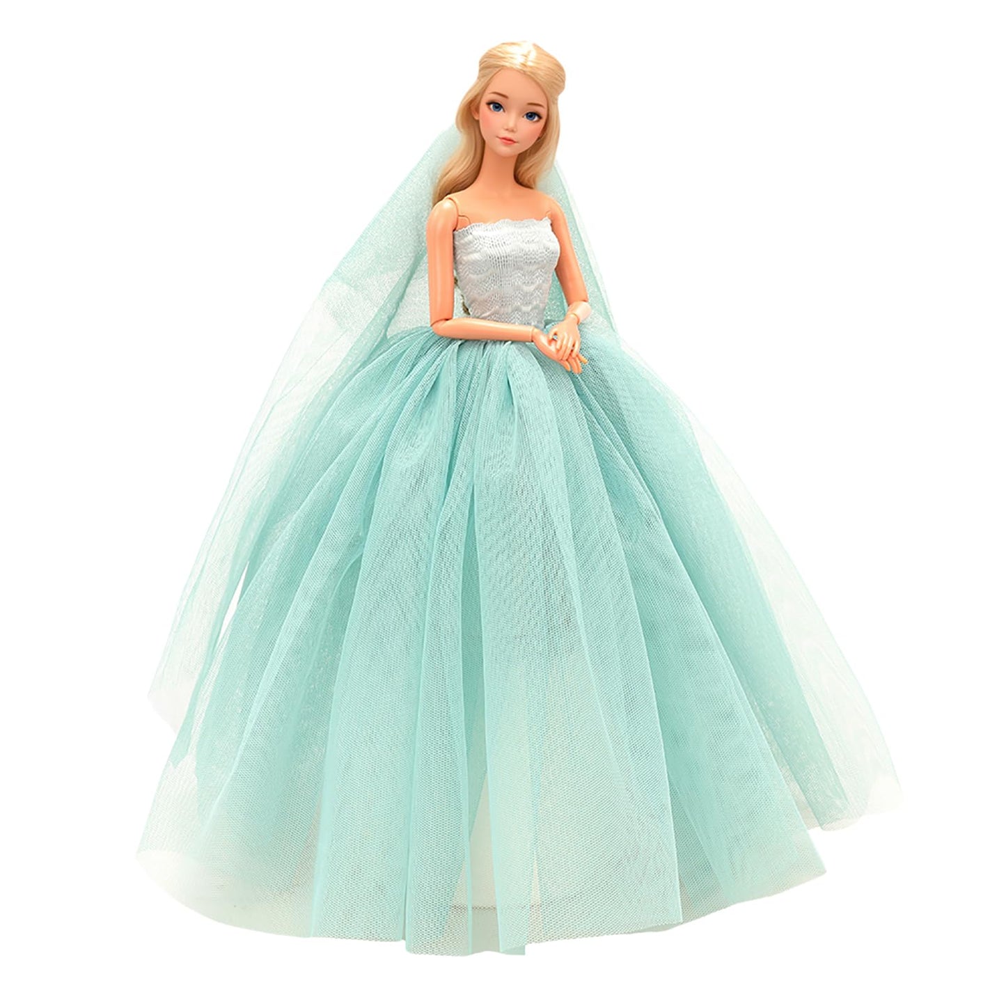 BARWA Light Blue Wedding Dress with Veil Evening Party Princess Light Blue Gown Dress for 11.5 inch Girl Doll