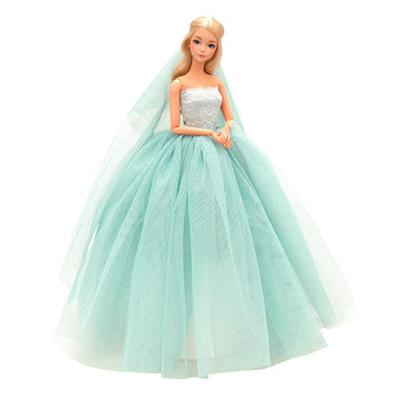 BARWA Light Blue Wedding Dress with Veil Evening Party Princess Light Blue Gown Dress for 11.5 inch Girl Doll