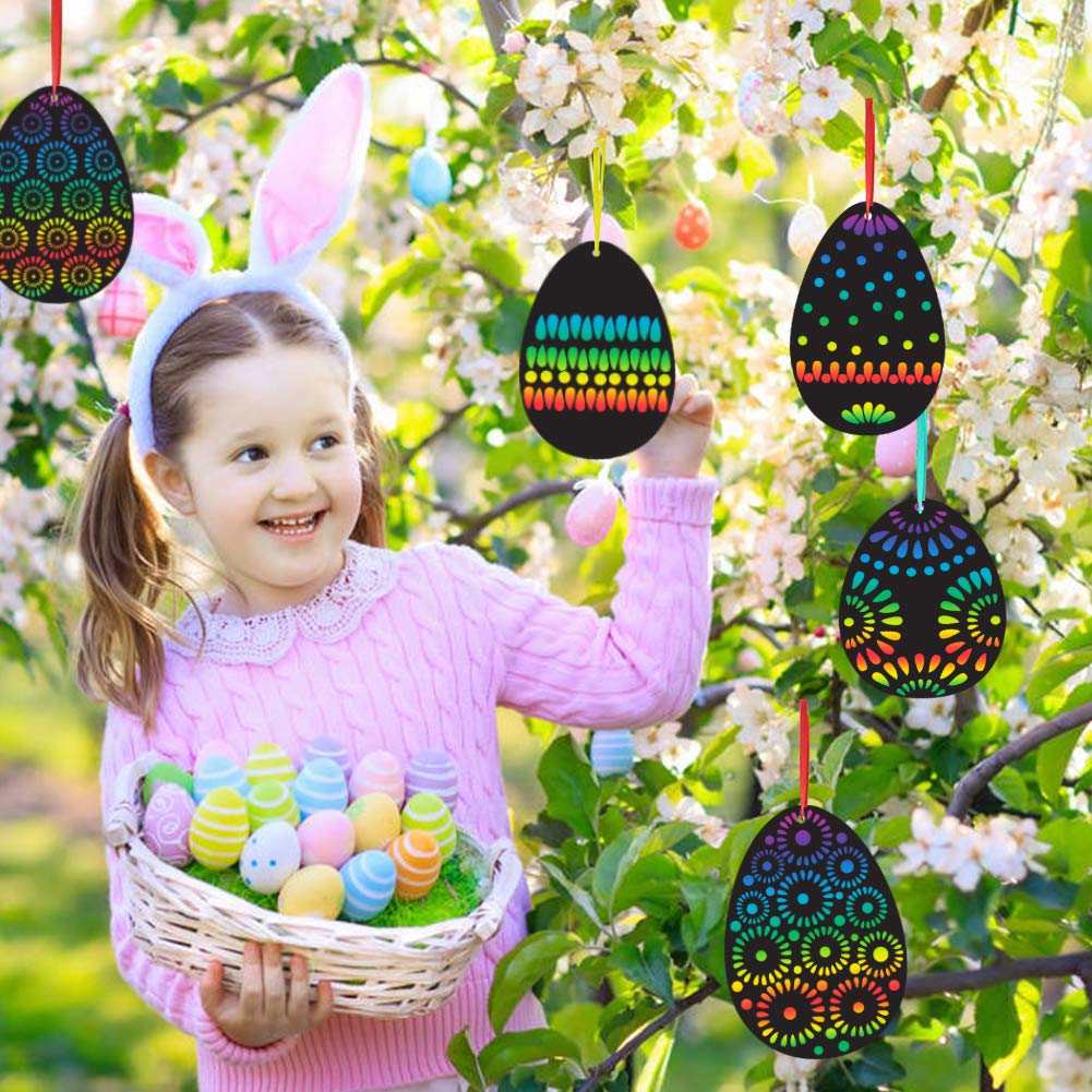 Koogel Easter Egg Scratch Art Set, 36 PCS Rainbow Scratch Art Mini Notes with Colorful Ribbon and Wooden Stick Crafts for Kids Party Favor Easter