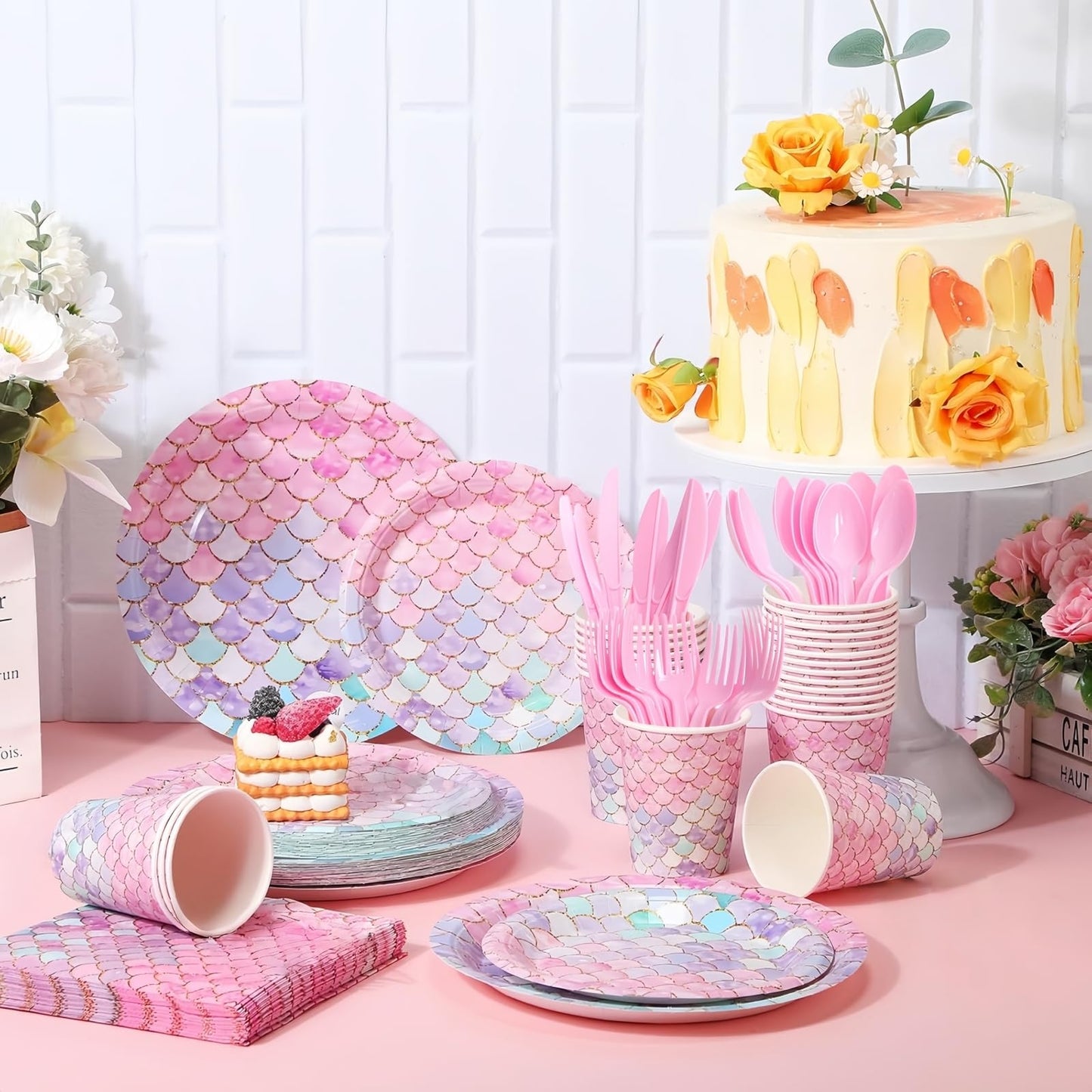 168 Pcs Mermaid Birthday Party Decorations Plates Set for 24 Princess Girls