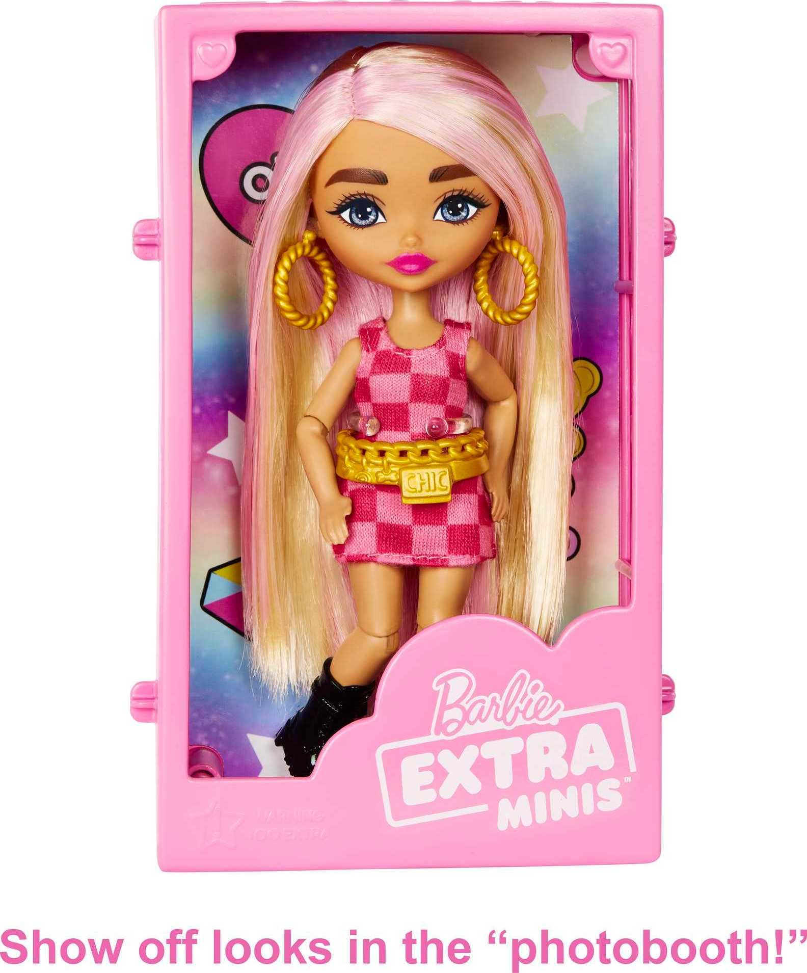 Barbie Extra Minis Doll & Fashion Playset with 15+ Pieces, Boutique with Small Doll, Clothes & Accessories Including Gummy Bear Keychain