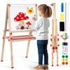 Wooden Adjustable Easel for Kids, Quick-Fold Kids Easel with Paper Roll&Accessories, Double Sided Painting Easels for Toddlers 3,4,5,6,7,8,9,10 Years