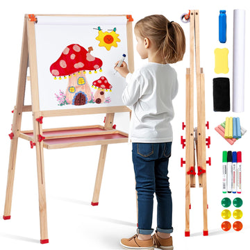 Wooden Adjustable Easel for Kids, Quick-Fold Kids Easel with Paper Roll&Accessories, Double Sided Painting Easels for Toddlers 3,4,5,6,7,8,9,10 Years