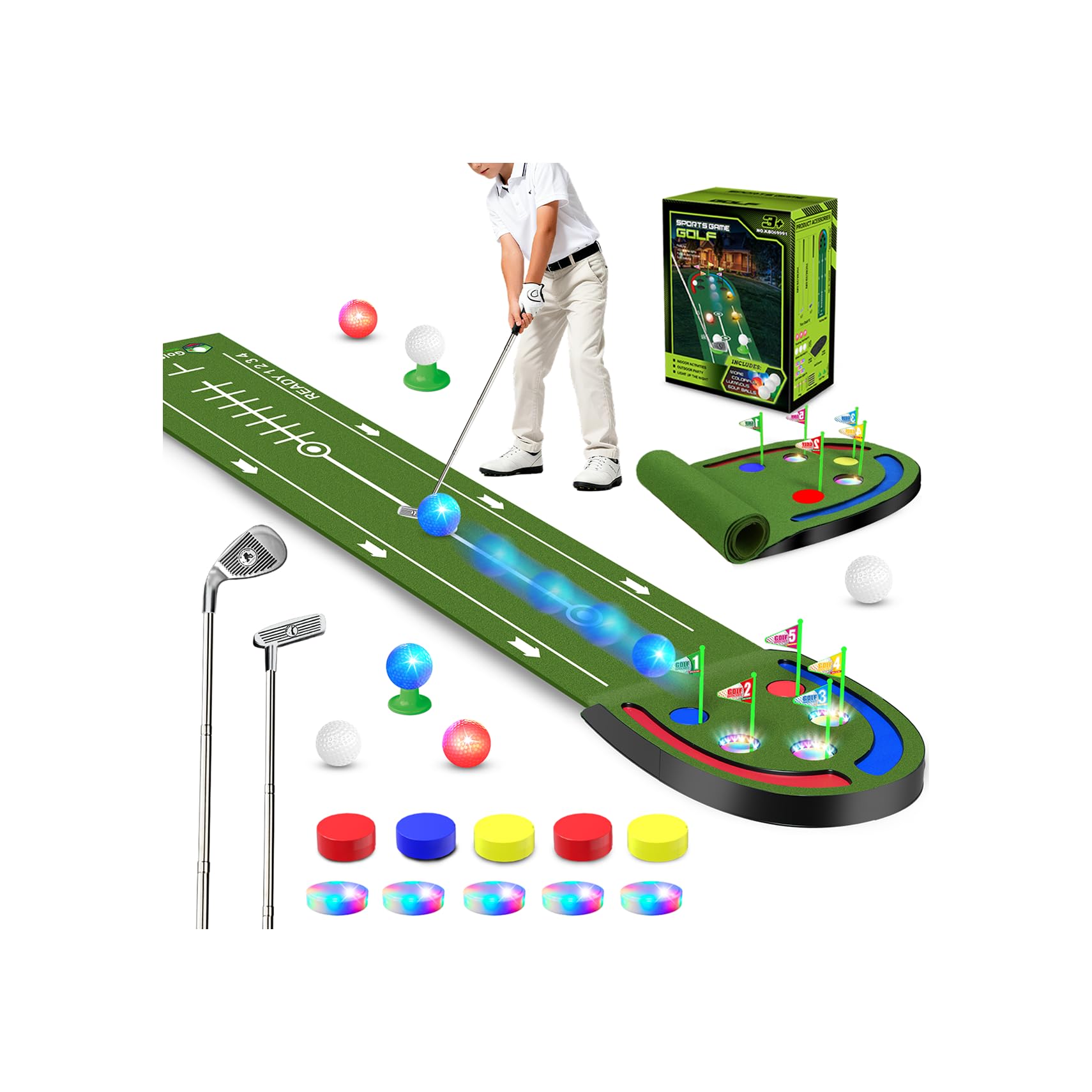 VATOS Golf Putting Mat Indoor for Kids, Light up Golf Putting Green Set