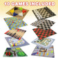 Gamie 10 Board Games Set, Classic Family Games for Kids and Adults, Includes 5 Double Sided Playing Boards with Backgammon, Chinese Checkers, Snakes
