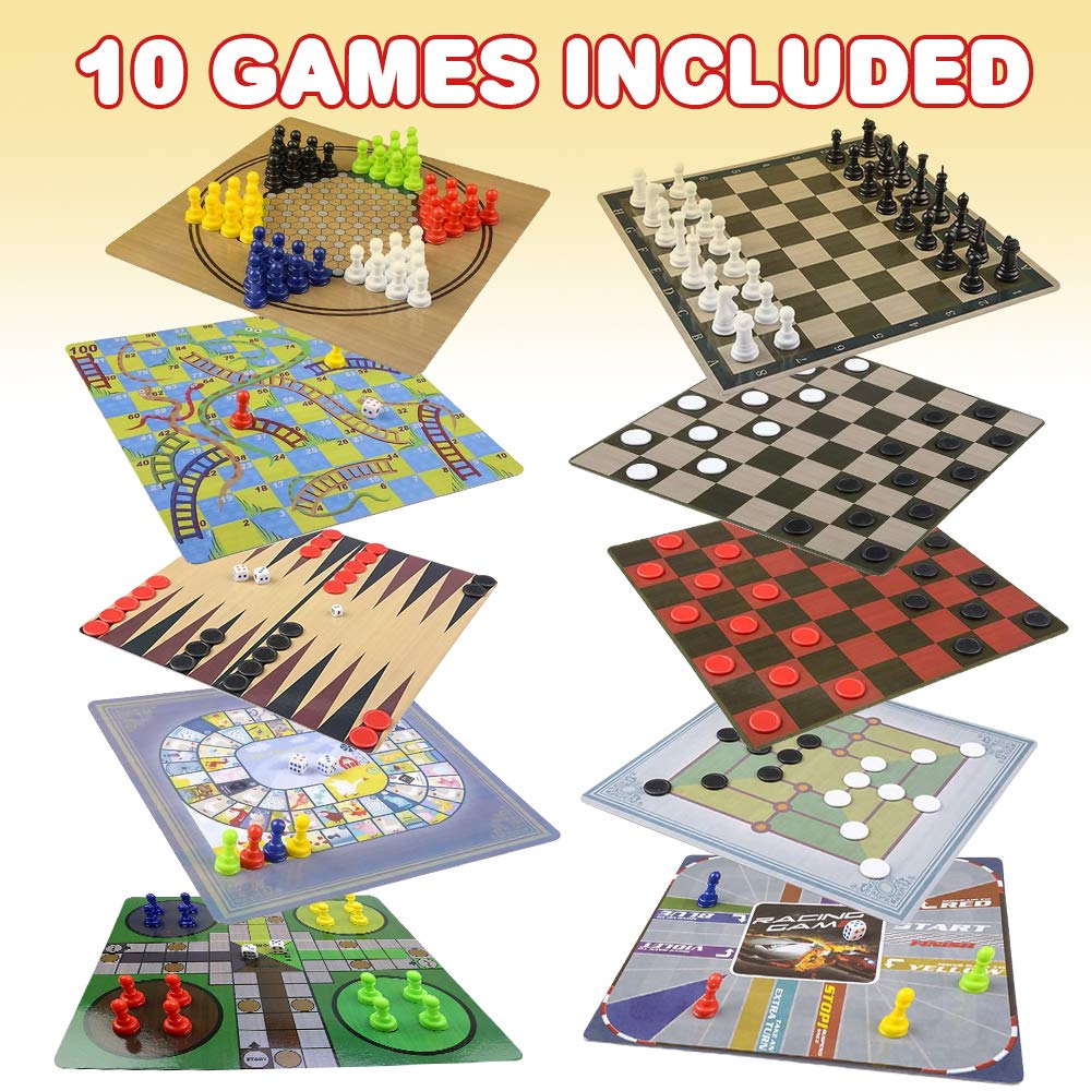 Gamie 10 Board Games Set, Classic Family Games for Kids and Adults, Includes 5 Double Sided Playing Boards with Backgammon, Chinese Checkers, Snakes
