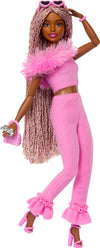 Barbie Deluxe Style Doll #4 in Barbiecore Outfit, Pink and Brown Braids, Soft Pink Top and Pant Set with Furry Collar and Fun Accessories