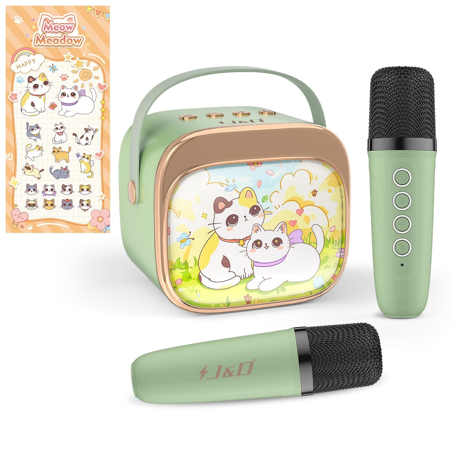 J&D Mini Karaoke Machine for Kids Adults, Portable Bluetooth Speaker with 2 Wireless Mics and Cat Sticker for Girls Boys Age 3-10 Birthday Gifts