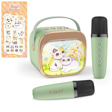 J&D Mini Karaoke Machine for Kids Adults, Portable Bluetooth Speaker with 2 Wireless Mics and Cat Sticker for Girls Boys Age 3-10 Birthday Gifts