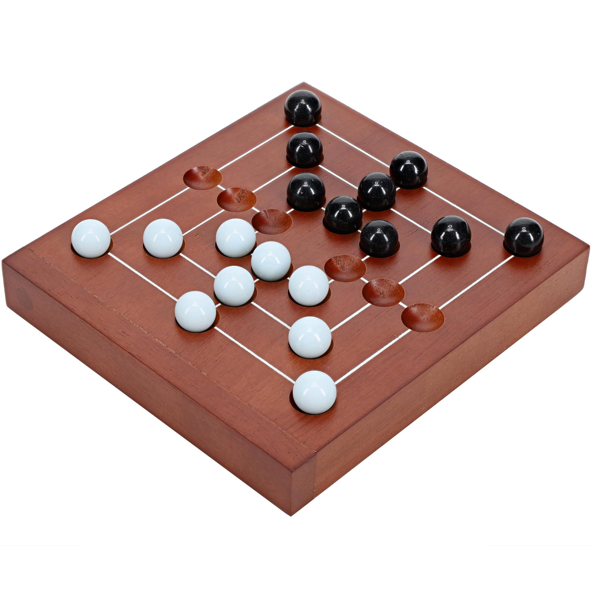 WE Games Nine Men's Morris Board Game, 5 inch Travel Size - Solid Wood Board with Magnetic Closure, 9 Clear & 9 Blue Marbles, Classic 2-Player
