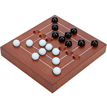 WE Games Nine Men's Morris Board Game, 5 inch Travel Size - Solid Wood Board with Magnetic Closure, 9 Clear & 9 Blue Marbles, Classic 2-Player