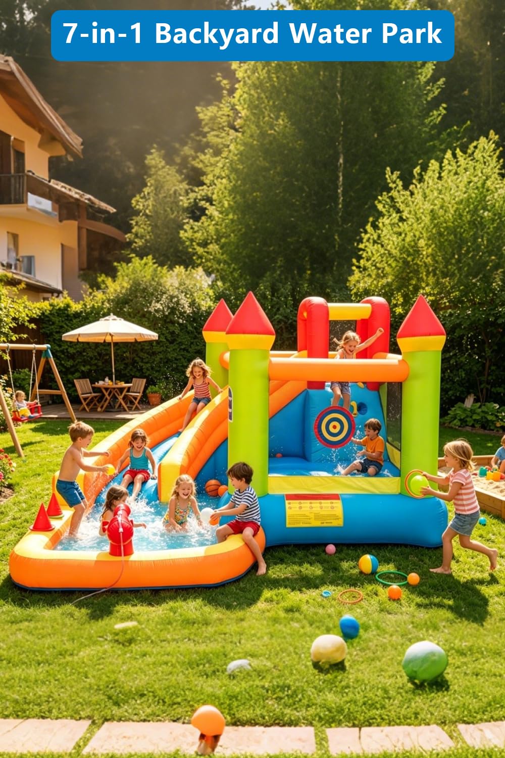 Inflatable Water Slide Bounce House, 10x10 Large Bouncy Castle with Climbing Wall, Splash Pool, Water Cannon & Blower, Heavy Duty Backyard Water Park