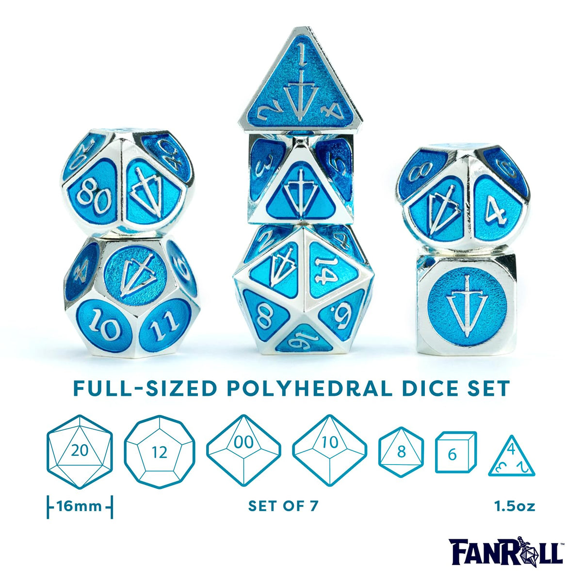 FanRoll Tales of The Valiant Metal Dice Set, Silver with Light Blue Enamel, Set of 7