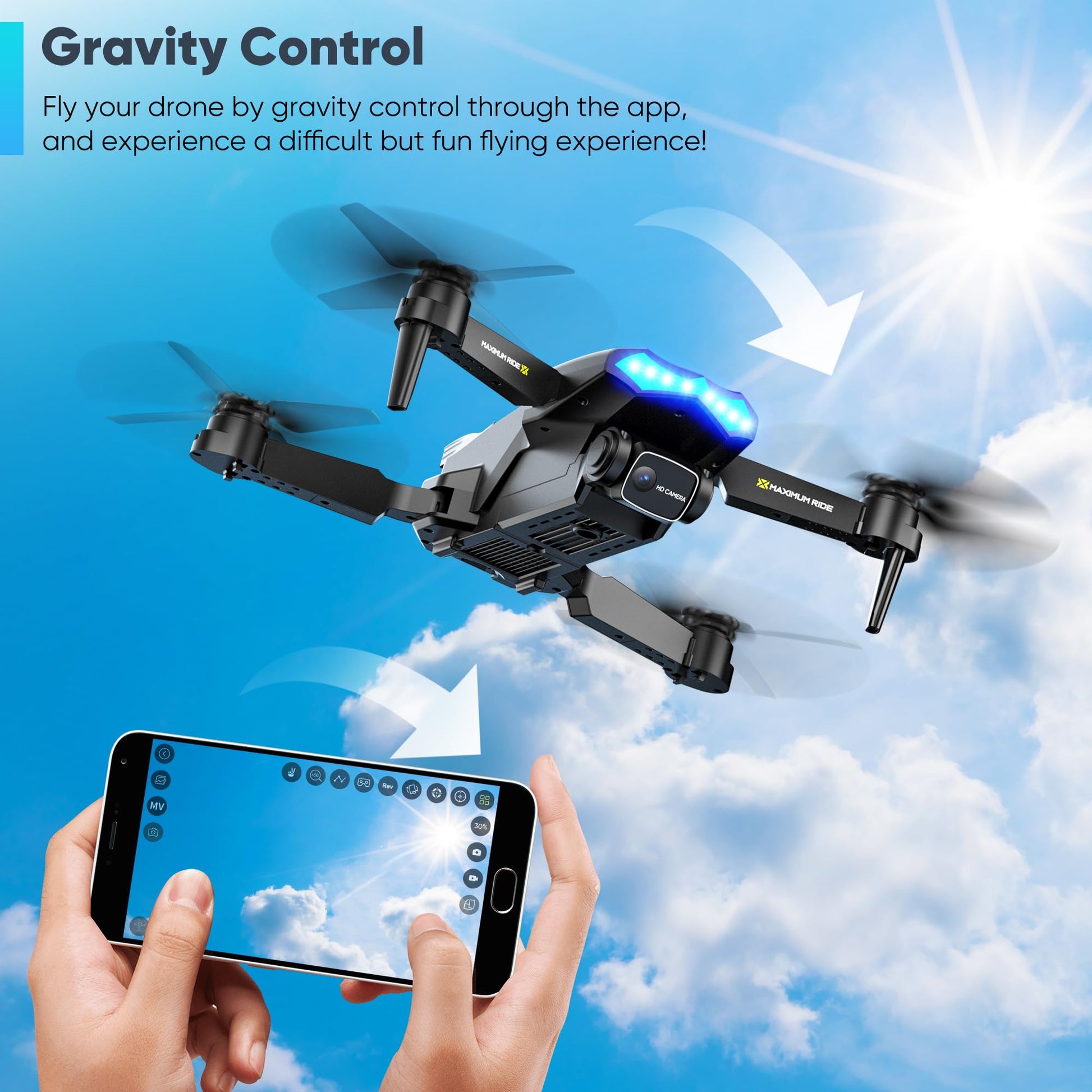 Flymevac Drone with Camera, Dual 720HD, Drone for Kids with Cool Lights, Gestures Control, Vertical Shooting, Waypoint Flight, Gravity Control, 3D