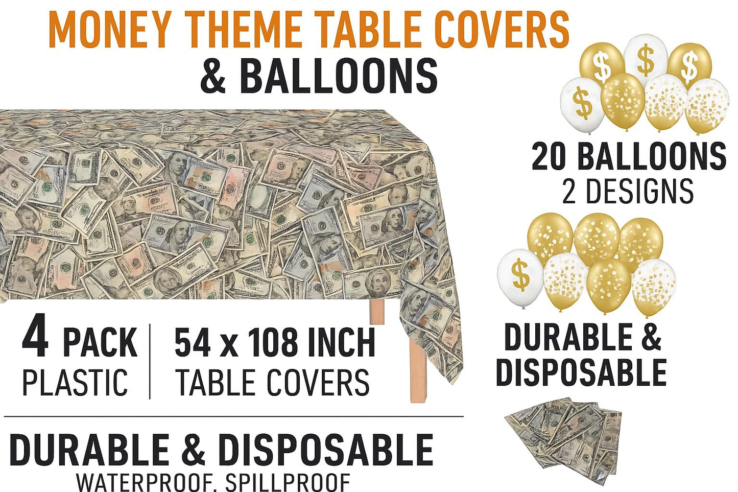 Oojami 4 Pack Dollar Bills Bling Bling Big Bucks Money Theme Table Cover Tablecloth Includes 20 Balloons Ideal for Birthday Decorations Party Supplies