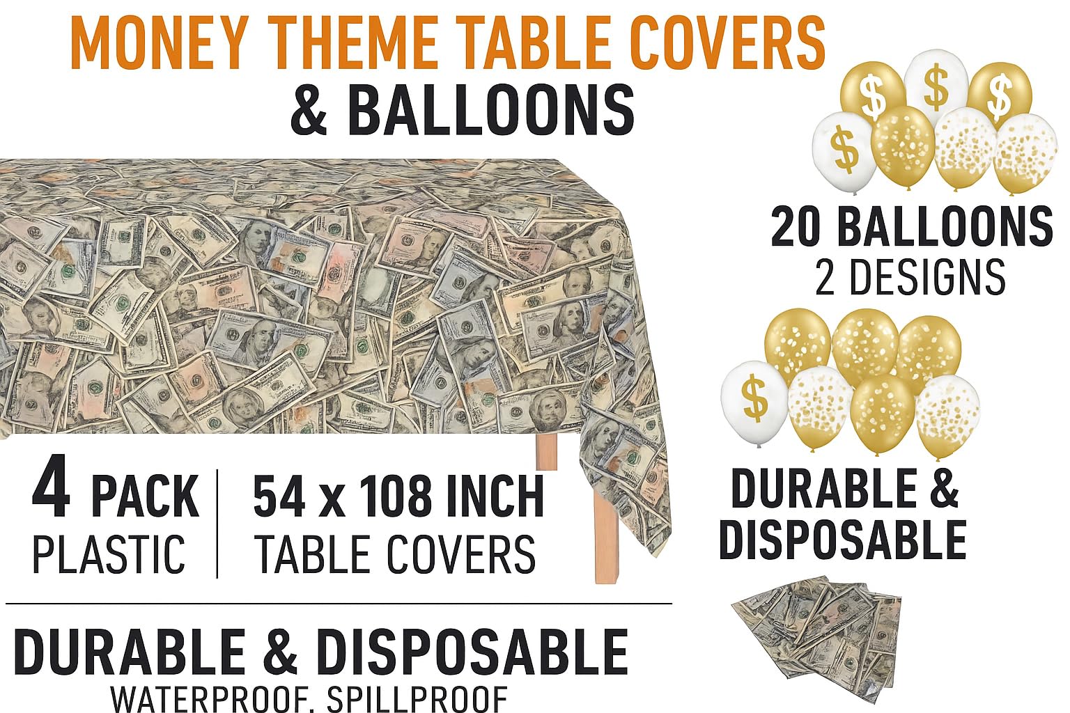 Oojami 4 Pack Dollar Bills Bling Bling Big Bucks Money Theme Table Cover Tablecloth Includes 20 Balloons Ideal for Birthday Decorations Party Supplies