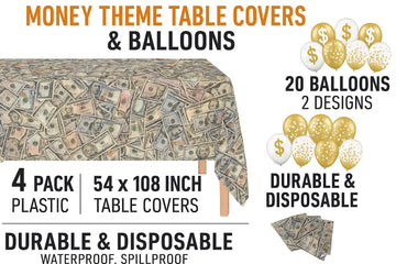 Oojami 4 Pack Dollar Bills Bling Bling Big Bucks Money Theme Table Cover Tablecloth Includes 20 Balloons Ideal for Birthday Decorations Party Supplies