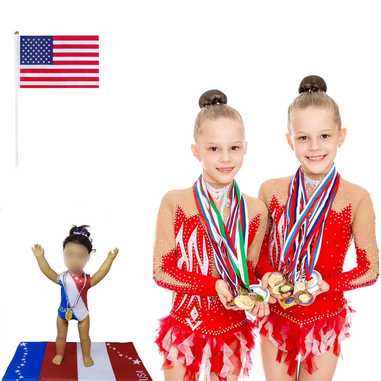 18 Inch Doll Clothes and Accessories,18 inch Dolls Gymnastics Leotard,Matching Doll 4th July Patriotic Clothes USA Flag,Mat and Olympic Gold Medal
