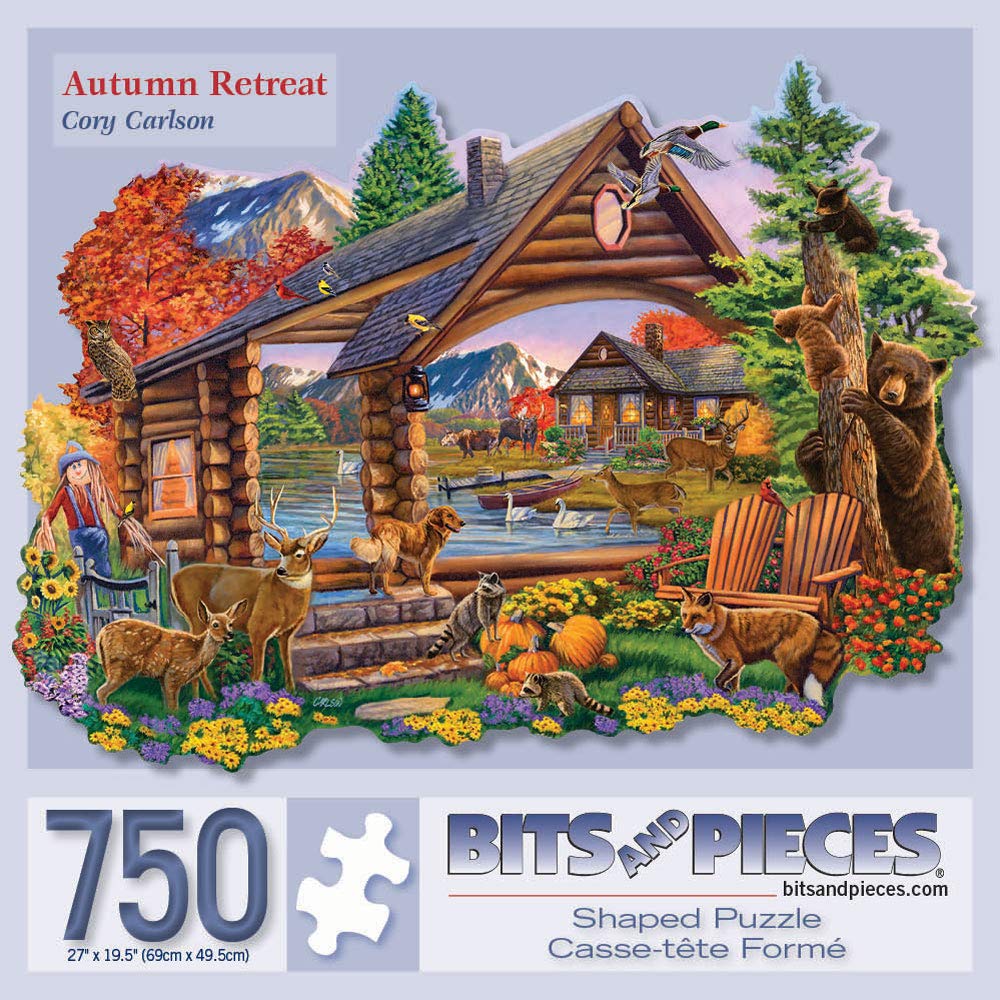 Bits and Pieces - 750 Piece Jigsaw Puzzle for Adults - Autumn Retreat - Shaped Forest Cabin Woods Nature Animal Flowers Trees Lake Mounatin Jigsaw