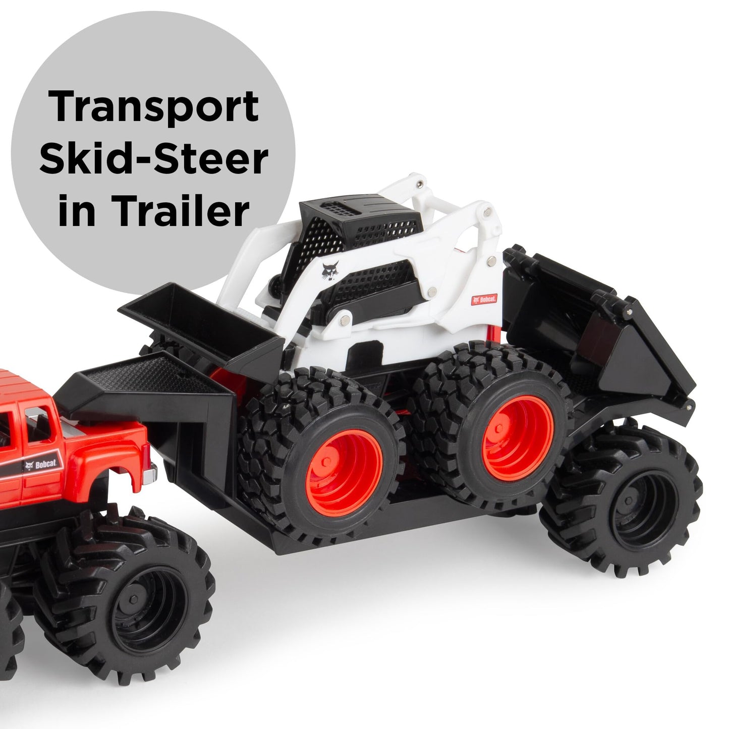 TOMY Monster Treads Bobcat Hauling Playset - Includes Bobcat Monster Truck, Trailer, and Skid Steer - Construction Toys with Bouncy Heavy Duty Tires