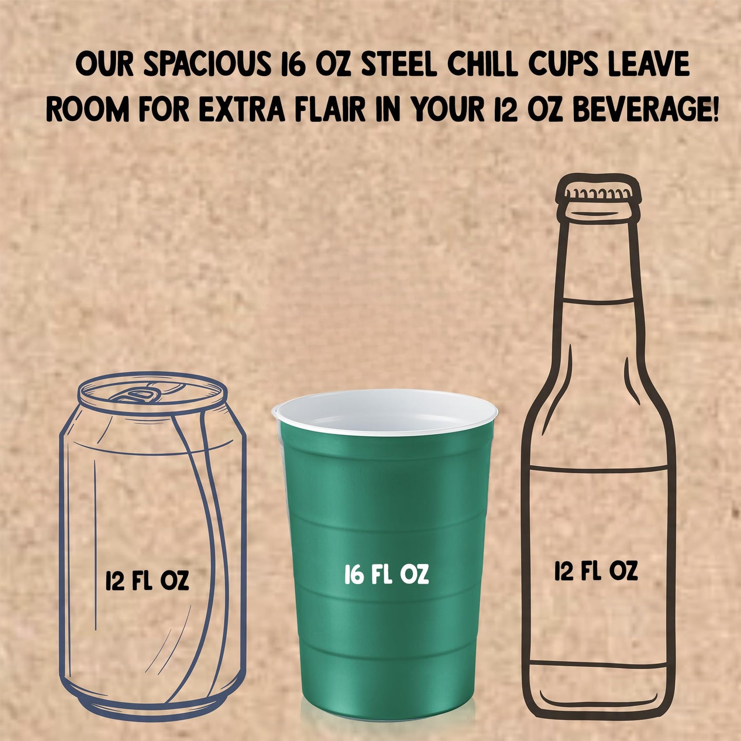 Steel Chill Cups 16 oz. Durable & Reusable Party Cups, Green, 12 Count