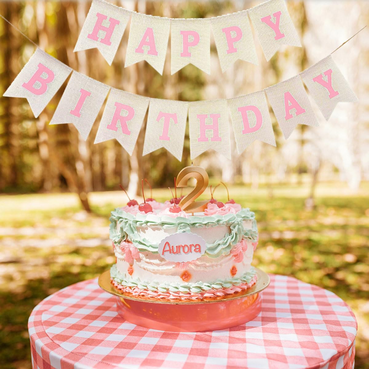 Pink Happy Birthday Banner Sign, Burlap Pink Happy Birthday Party Decorations for Girls Women