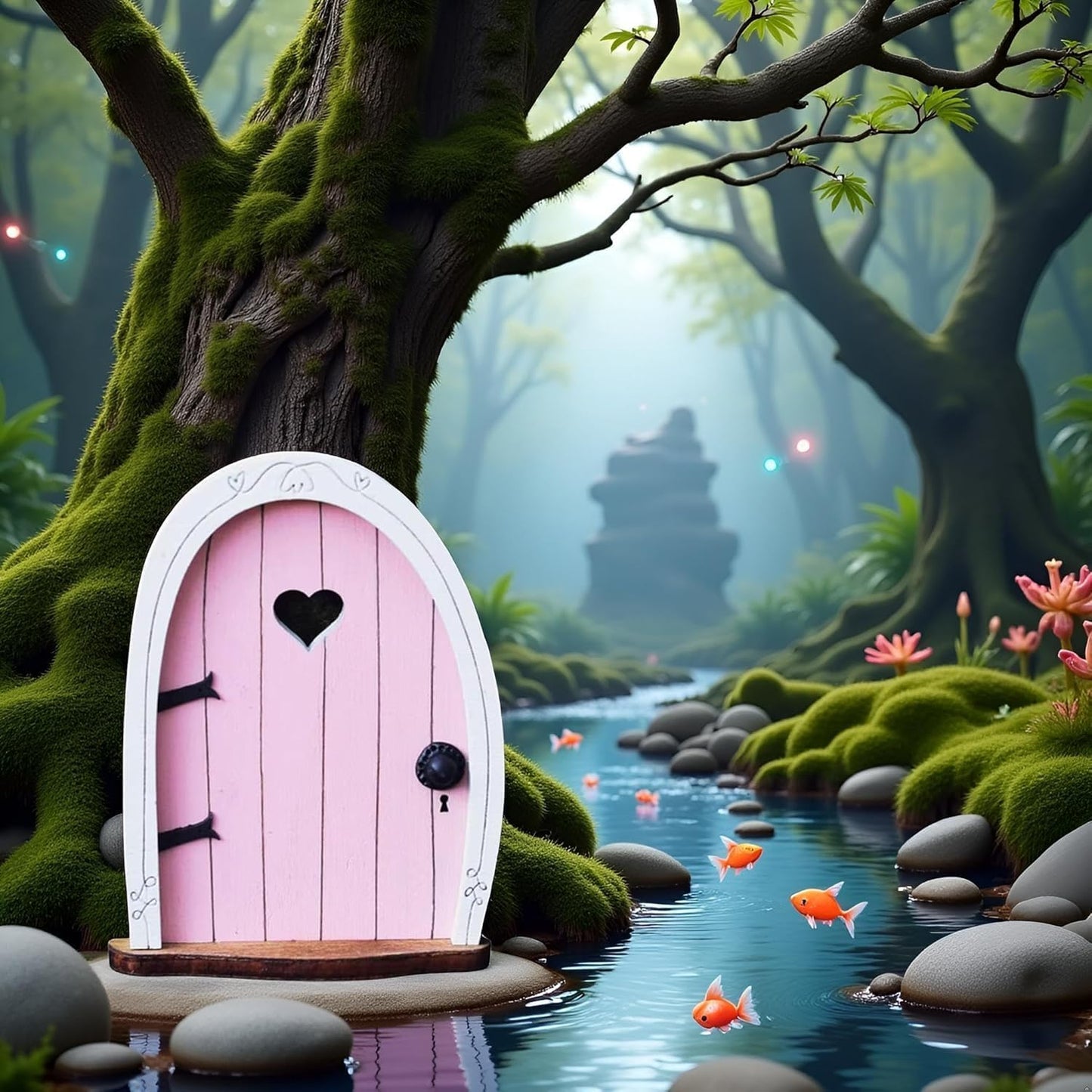 Pink Streak Mini Fairy Garden Door for Tree, 3D Miniature Fairy Door for Fairytale Tiny House Doors, Bonsai Terrarium Micro Landscape Decoration