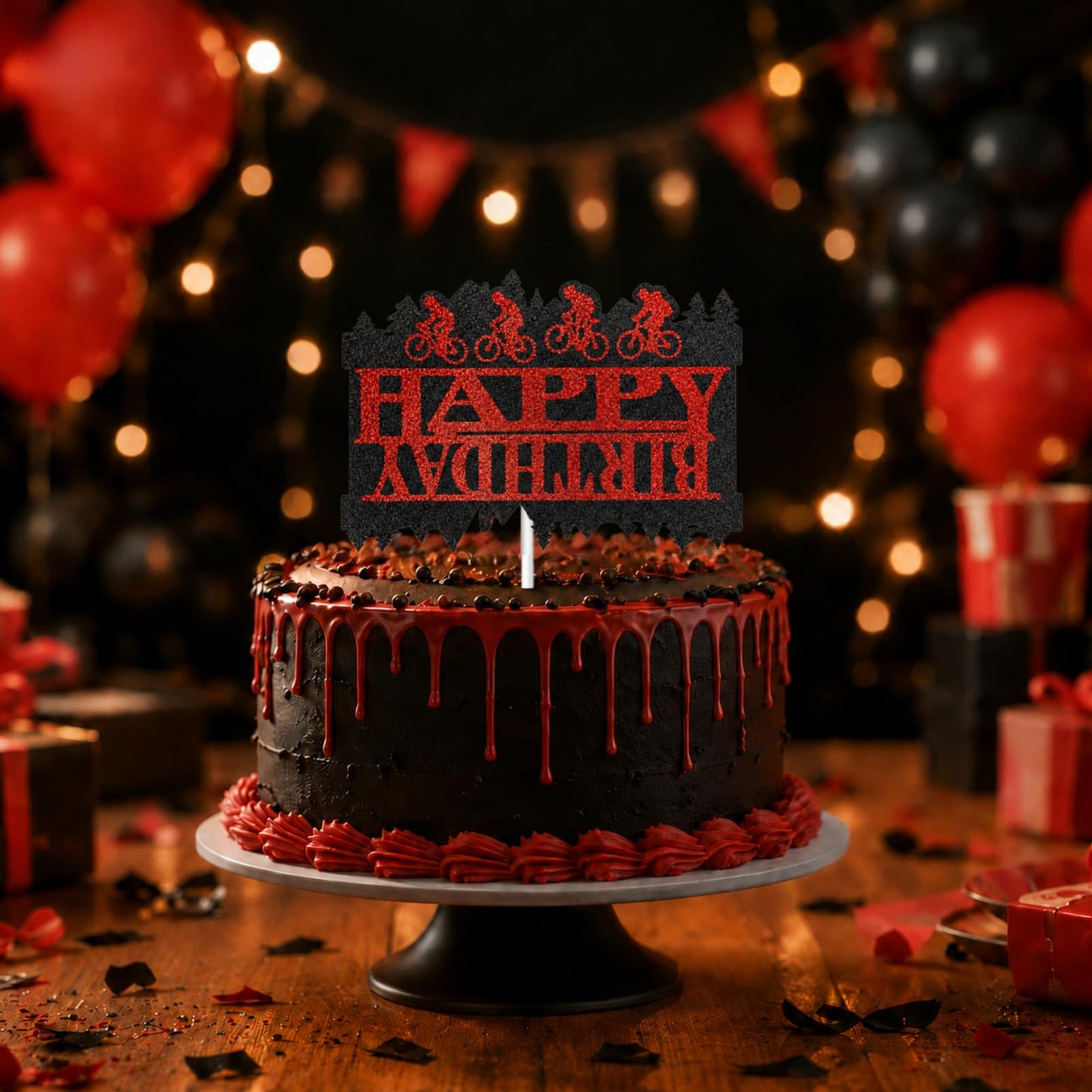 Happy Birthday Cake Topper, Glitter Black & Red Horrific Forest Birthday Cake Bunting Decor for Themed Party Favors & Decor Supplies