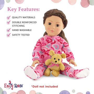 18 Inch Doll Pajamas Set Pink Heart Onesie PJ Outfit - Emily Rose Doll Sleeping Outfit with Teddy Bear Companion - Doll NOT Included - Fits American