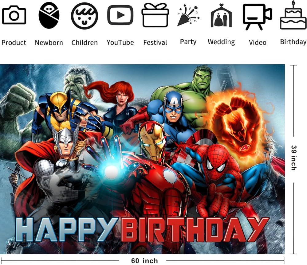 Superhero Birthday Decorations, Superhero Happy Birthday Banner Backdrop for Kids Birthday Party Supplies (5x3ft)